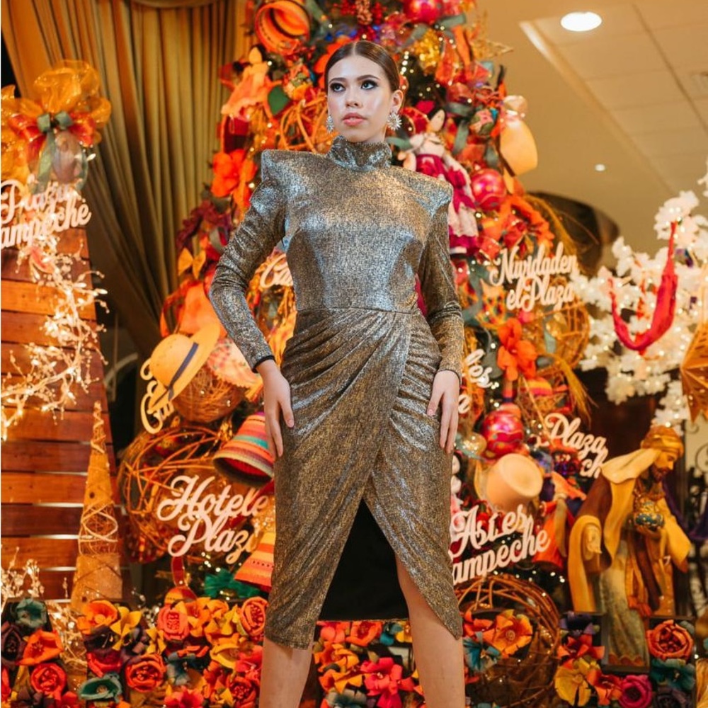 BLITHE Retro Black/Golden long sleeve dress, size medium, asymmetrical, BNWT